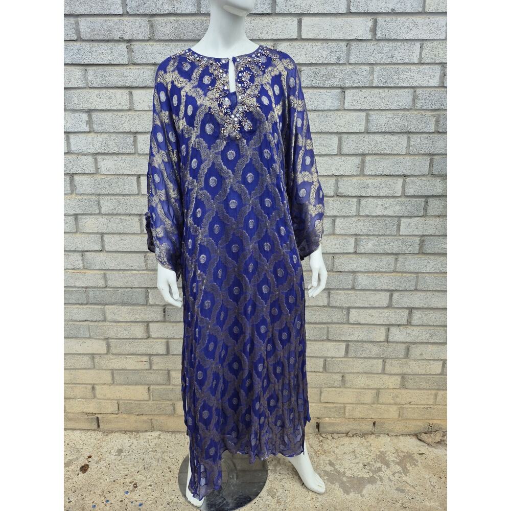 Soft Surroundings Blue & Gold Jacquard Aragon Caftan & Slip Size Medium